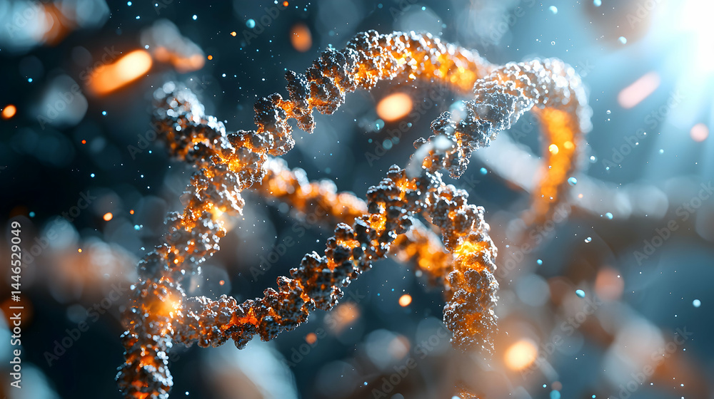 Poster a stunning artistic rendering of a dna double helix shimmering with vibrant light. ideal for science
