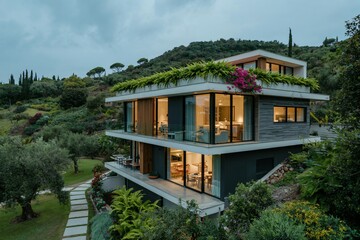  stunning multi-level modern villa nestled into a lush green hillside, likely photographed during twilight or dusk. 