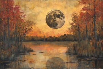 Autumn Lake Moon Landscape Painting