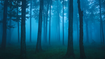 Fototapeta premium Deep blue-green fog, towering ancient trees in mystical wood , blue, twilight. [Mechanical Forests] | Twilight Woods | dusky forests. Illustration