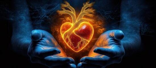 Human heart held gently in hands with symbolic energy and intricate detail