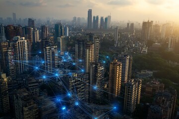 Obraz premium Urban Cityscape with Overlaid Digital Network Connectivity