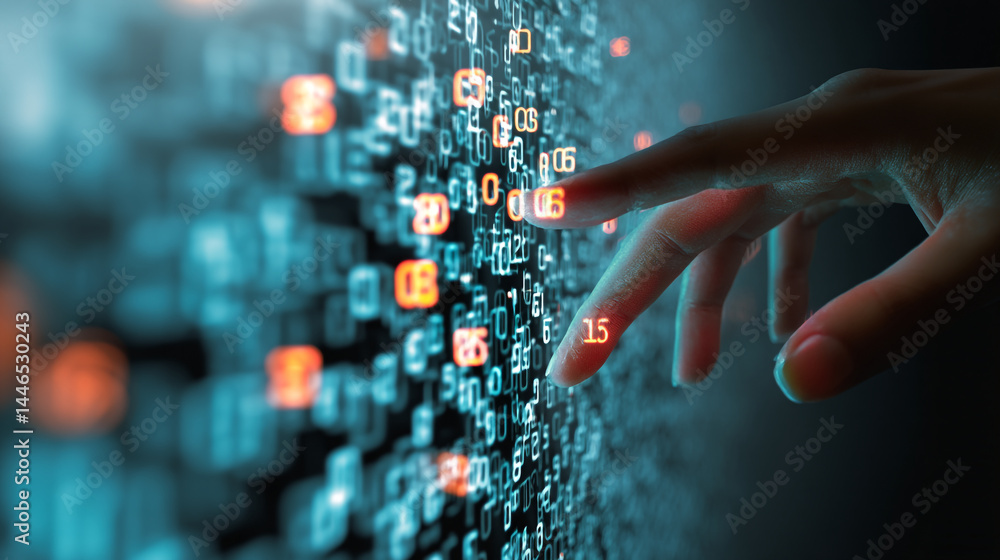 Poster abstract digital technology background with hand interacting with binary code data stream orange and