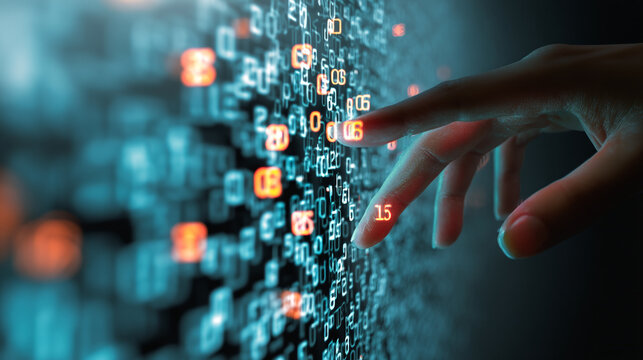 Abstract digital technology background with hand interacting with binary code data stream orange and teal color 