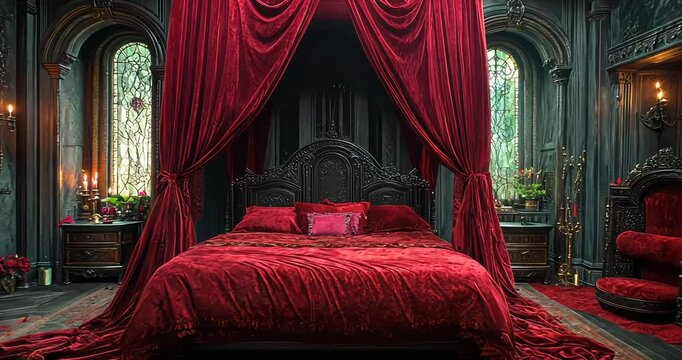 Luxurious gothic bedroom adorned in rich red fabrics, featuring ornate furniture and stained glass