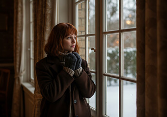 A woman in a coat and mittens gazes wistfully out a window on a snowy winter day.