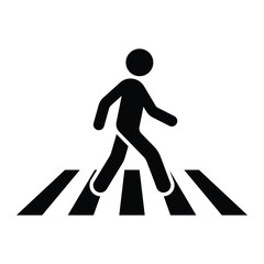 Pedestrian crossing vector icon. Walking person on zebra crosswalk symbol for traffic, road safety, and urban navigation design. Black silhouette isolated on white background.