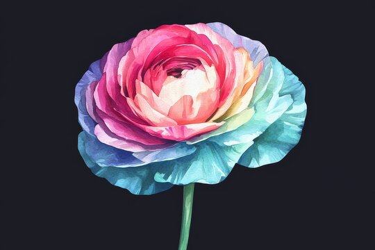 Vibrant, multicolored ranunculus flower portrait against a dark background. - Powered by Adobe