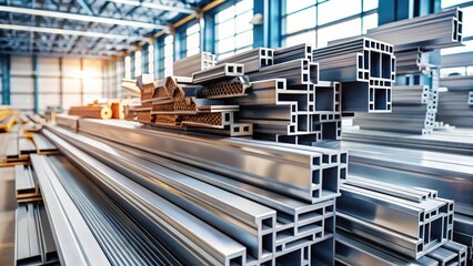 Obraz premium Industrial Metal Profiles A Precise Arrangement of Aluminum Extrusion Sections in a Warehouse Setting