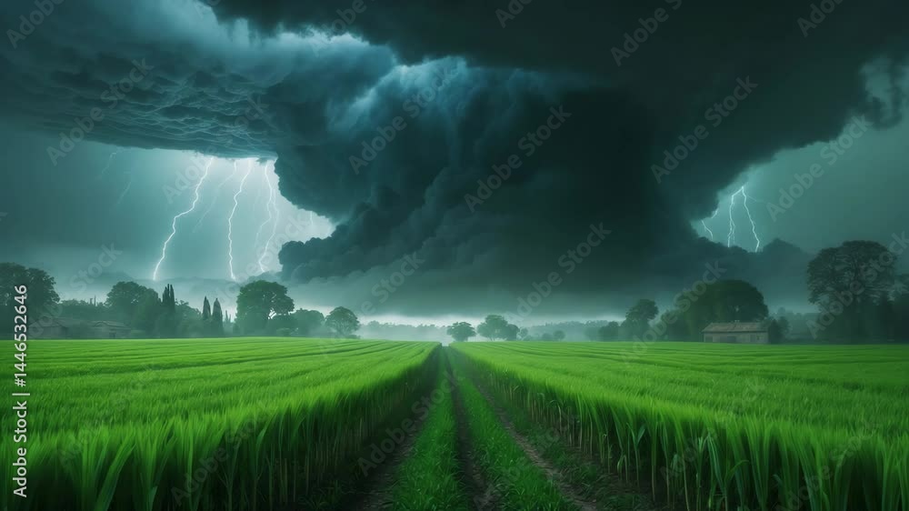 Poster dark rain cloud hovering above a green field with a pathway.