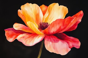 Vibrant painting of a single poppy flower against a dark background.