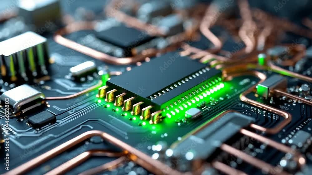 Poster detailed view of a computer motherboard with microchips