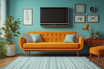 Mid-century modern living room, orange sofa, teal walls, retro TV