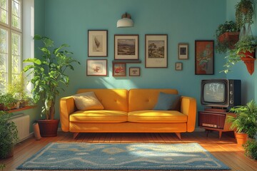 Sunny retro living room with yellow sofa, plants