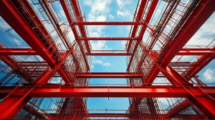 Obraz premium Red metal framework structure against a blue sky.