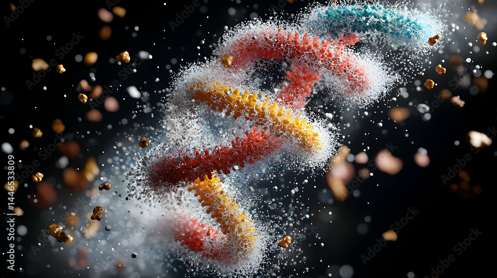 Poster abstract dna helix with exploding particles. use for scientific visuals educational materials or rep