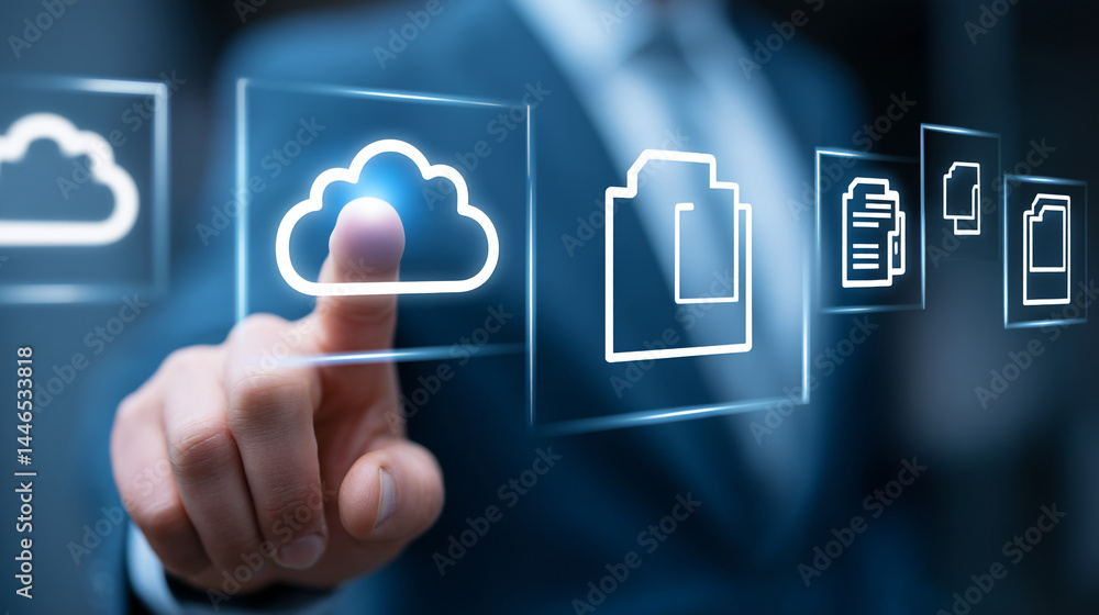 Poster businessman hand touching cloud computing digital interface screen showing data files storage techno