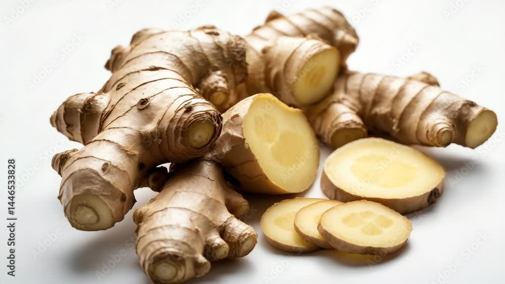 Poster fresh ginger rhizome, sliced in half and isolated on a background with clipping path