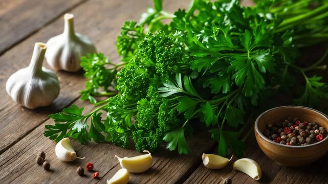 Wooden table featuring fresh parsley, allspice, and garlic
