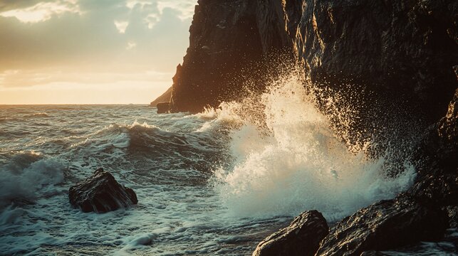 Dramatic ocean waves crashing against a rocky cliff at sunset.