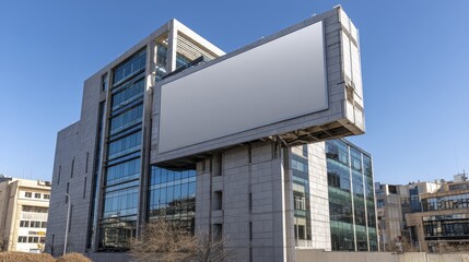 Blank billboard on modern green building, urban metropolis, advertising space - skyscrapers building board contemporary branding