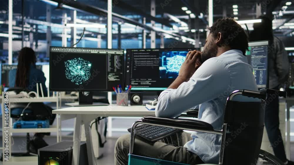 Poster impatient engineer with paraplegia in data center annoyed by slow ai node tree software. upset serve