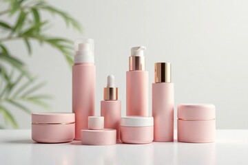 Luxurious cosmetic set, pristine white backdrop, flatlay, elegant
