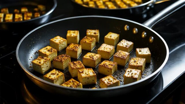 Cooking marinated paneer pieces by grilling and frying in a skillet.