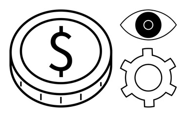 Coin with dollar sign, eye, and gear emphasizing financial planning, vision, and innovation. Ideal for economics, creativity, analysis, teamwork future planning tech concepts simple landing page
