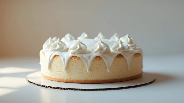 Isolated animation of plain sponge cake with dairy whipped cream on a white background, highlighting soft and light textures, bakery theme.