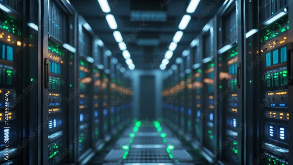 Poster hosting platform for telecommunications provider featuring server racks in a data center environment