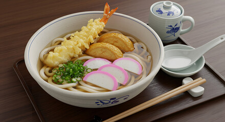 Delicious Udon Noodle Soup with Tempura Shrimp and Kamaboko