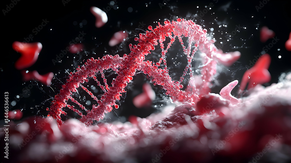 Poster an artistic rendering of a dna double helix with a focus on cellular detail. this could be used as a