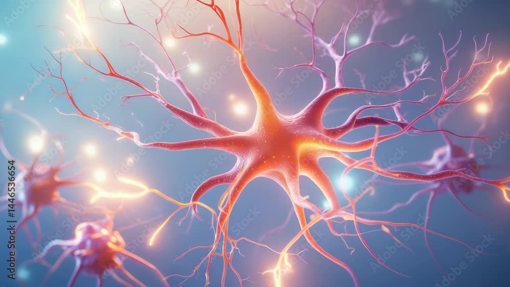 Poster neural network illustration emphasizing neuron structure with dendrites and axons