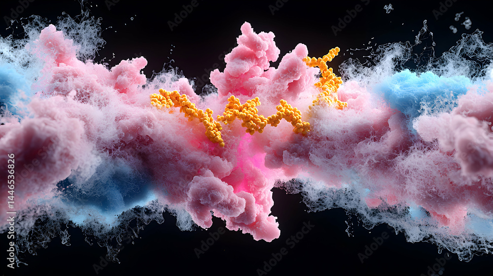 Poster an abstract image featuring fluffy pink and blue clouds surrounding golden structures. suggests scie
