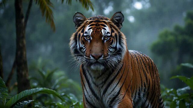 Indian male tiger enjoying its first rainfall, wild animal in its natural environment. Large cat, endangered species.