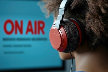 Text on air - streaming content, online broadcast, podcast microphone, digital media, blogger voice, radio backdrop, blog discussion, audio platform, spoken word, station banner.