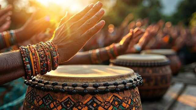 Close-up of hands playing a traditional drum during an outdoor performance. Warm sunset light bathes the scene, highlighting the colorful bracelets and intricate drum design. A blurred crowd of