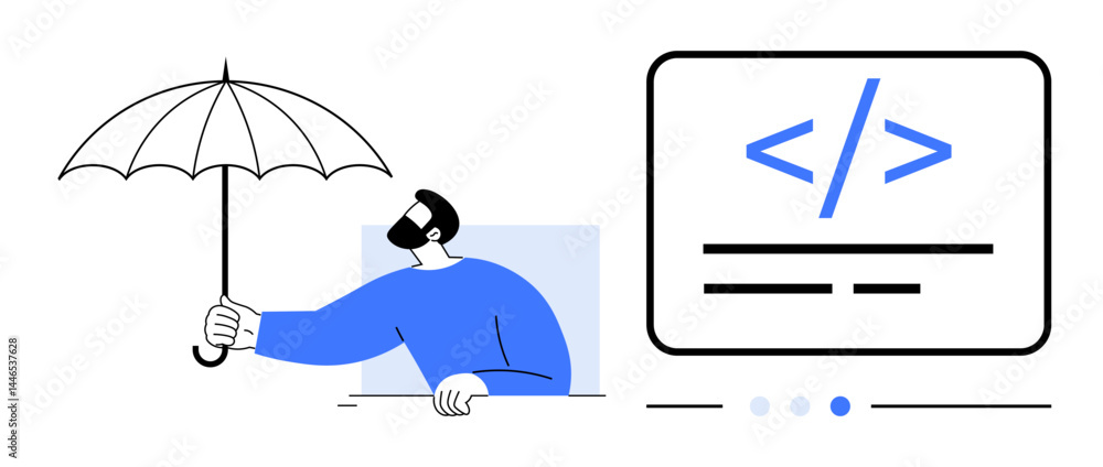 Poster man holding umbrella symbolizes protection, beside a coding interface. ideal for security, software,