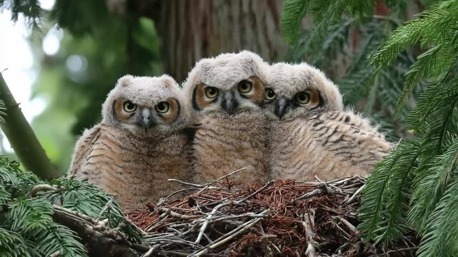 Three great horned owl owlets nestled in a nest of twigs in a coniferous tree