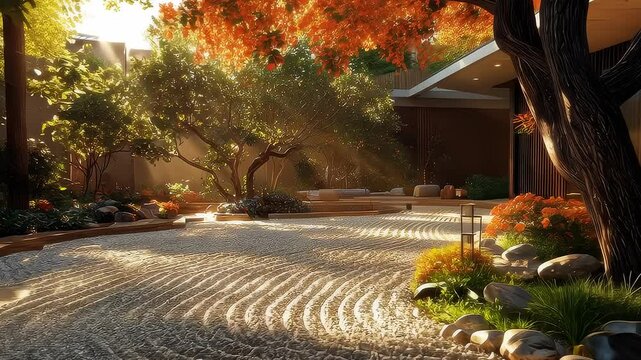 Serene zen garden with autumnal foliage beautiful patterns in light gray gravel tranquil outdoor space designed for relaxation and meditation inspiring scene with warm sunlight