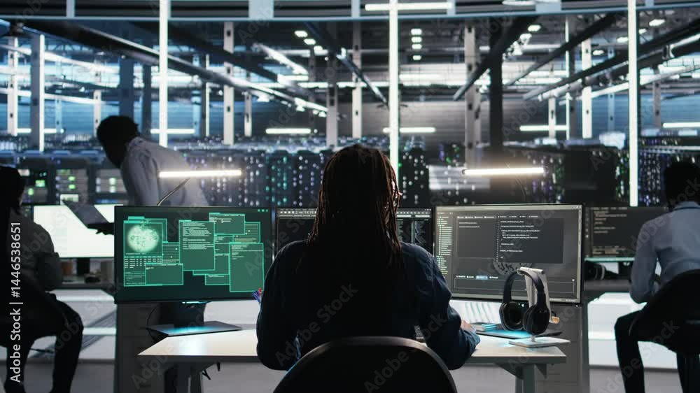 Poster cybersecurity team in data center responds to security breach, trying to prevent unauthorized access