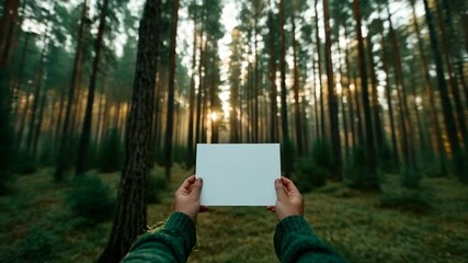 Blank card held by hands in a green sweater amidst a dense forest with sunlight beaming through the trees.