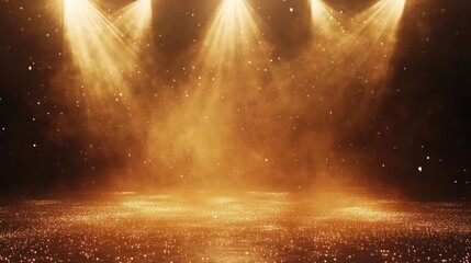 Golden spotlights illuminate a dark stage with glittering dust, creating a dramatic, atmospheric scene