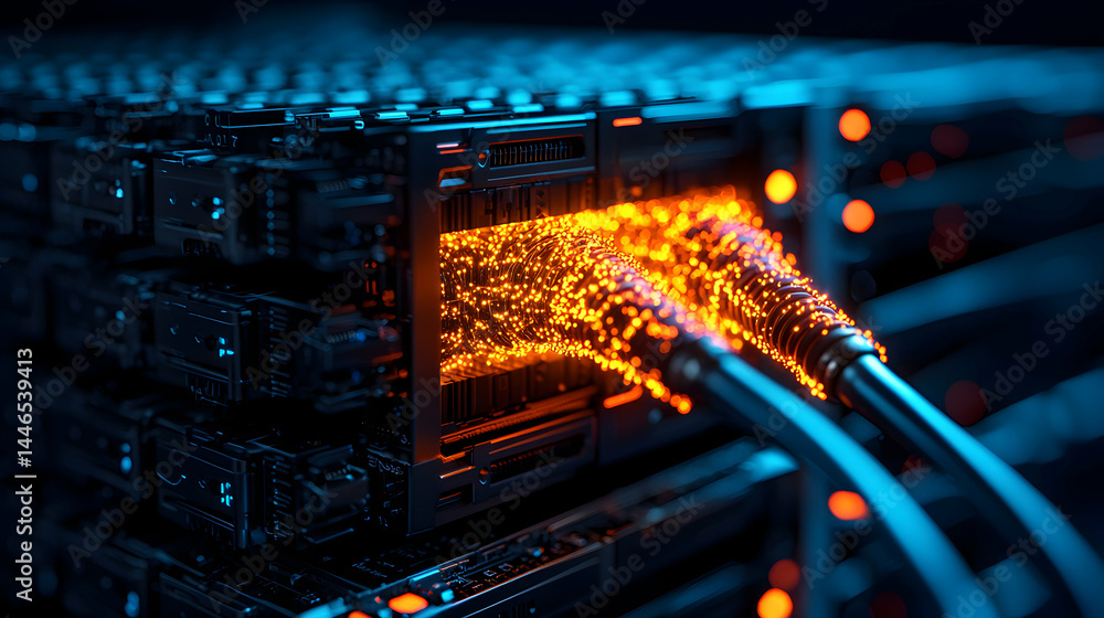Poster a futuristic server room with fiber optic cables transmitting data. this image could be used for art