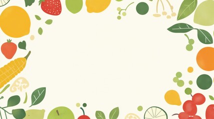 Colorful illustration of various fruits and vegetables framing a blank space for text or design