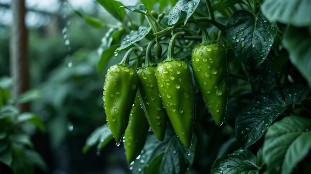 Padron pepper plant with green peppers covered in water droplets. Cultivation and ripening process of peppers. Garden vegetables and harvest. Agricultural side view. Close-up shot.