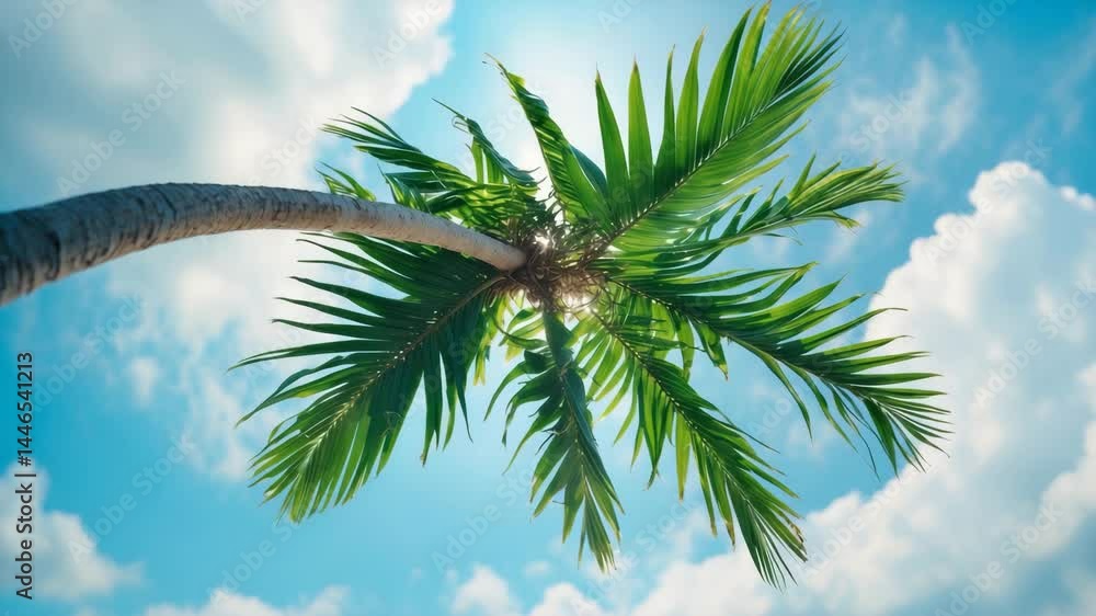Poster palm tree's green branch angled down like an arrow on a backdrop with clouds