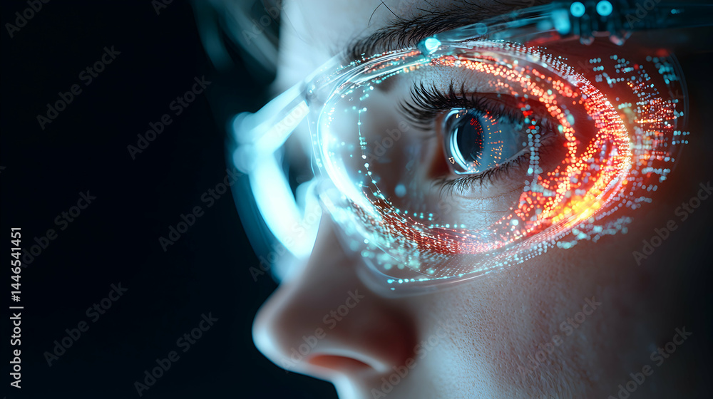 Poster image depicts augmented reality glasses with data visualization. ideal for technology futurism artic