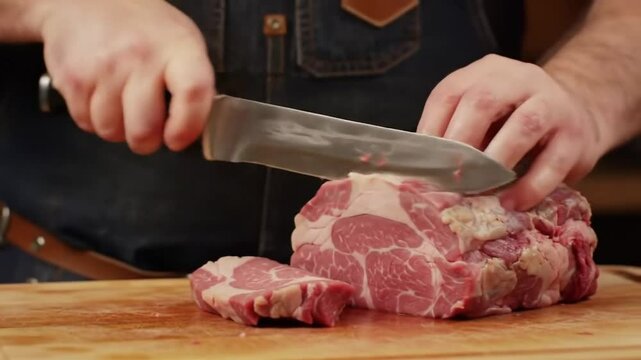 Close-Up of Juicy Meat Being Cut on a Wooden Board, Showcasing Tender Texture, Rich Color, and Perfect Doneness, with Sharp Knife in Hand and Warm Lighting Enhancing the Savory Detail